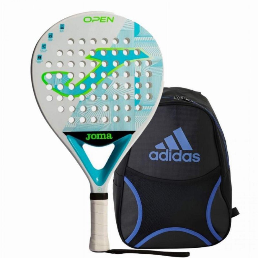 Pack Pala Joma Open Blanco Turquesa Fluor con Mochila   Oferta + Barato